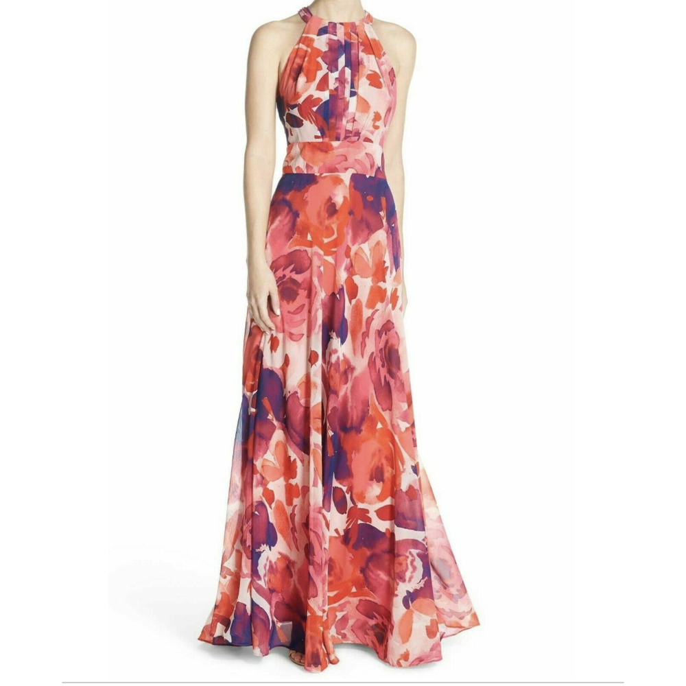 Eliza J Size 8 Floral Print Halter Maxi Dress Pink Sleeveless Flowy